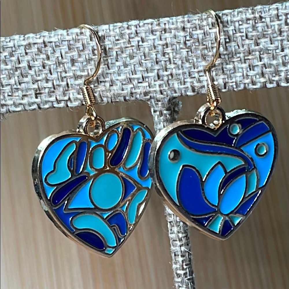 Gold and Blue Heart Earrings with Mosaic Design